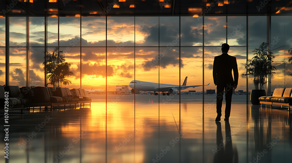 business professional stands in airport terminal, gazing at sunset view with airplane in background. scene conveys sense of anticipation and travel business professional stands in airport terminal, gazing at sunset view with airplane in background. scene conveys sense of anticipation and travel