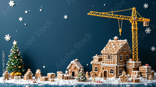 gingerbread house and construction site with crane. Generative AI