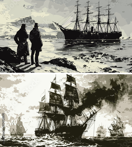 Old victorian ship arrival to sea coast island black ink sketch vector concepts. Colonial exploration pirate adventures marine landscape, retro sailing boat vessel ocean traveler