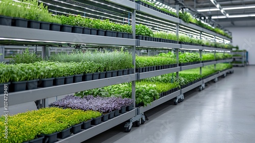 Efficient and modern indoor urban farm with vertically stacked layers of plants each shelf brightly lit by LED lights photo