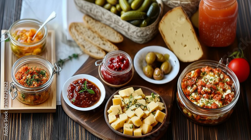A rustic spread of cheeses,...