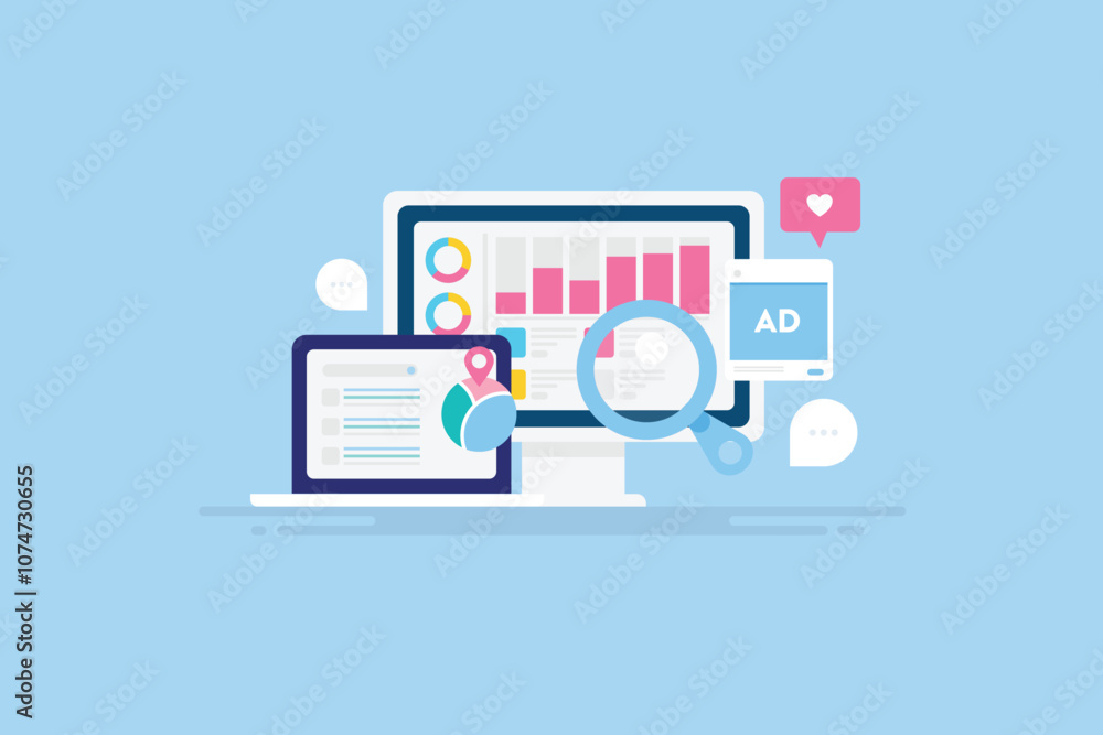 Digital marketing analytics report display search engine ranking, PPC and display ad performance data, social media insights on computer screen, vector illustration. Digital marketing analytics report display search engine ranking, PPC and display ad performance data, social media insights on computer screen, vector illustration.