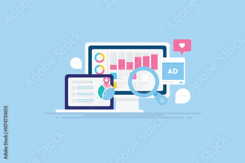 Digital marketing analytics report display search engine ranking, PPC and display ad performance data, social media insights on computer screen, vector illustration.