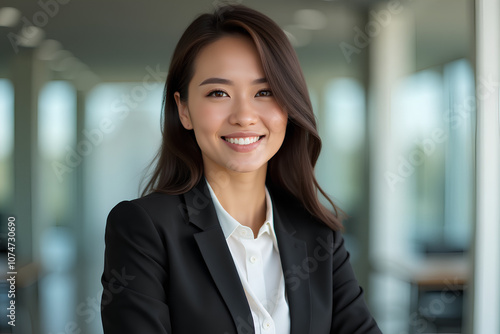 Smiling young businesswoman in a suit posing in the office