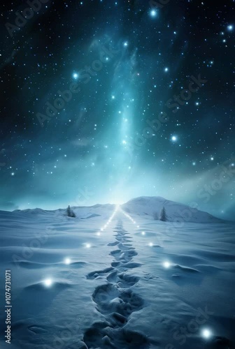 Light at the end of the road through snowy magic winter landscape. Self knowledge concept. Snowy north pole landscape under starry night sky. Travel, tourism, adventure and exploration photo