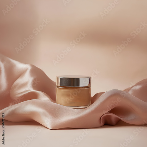 This close-up image features a transparent cream jar delicately placed on soft satin fabric in a light pink shade. The smooth texture of the satin and the neutral beige backdrop create a serene  photo