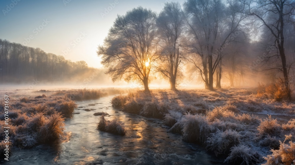 Frost-covered meadow at sunrise with a gentle stream and silhouetted trees in winter Frost-covered meadow at sunrise with a gentle stream and silhouetted trees in winter