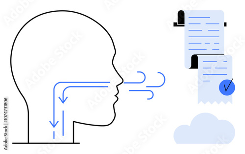 Human head silhouette exhaling air, with airflow arrows indicating direction. Document with check mark and cloud icon symbolize data validation. Ideal for medical, respiratory studies, data