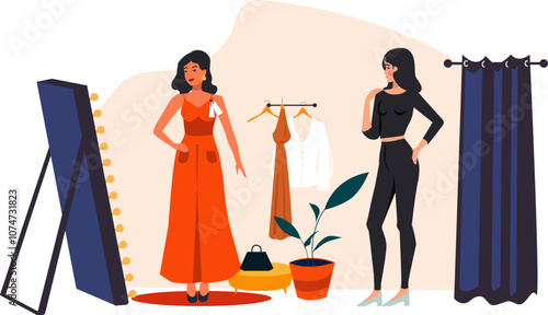 Vector illustration of a fitting room. A woman tries on a dress, and another helps with the selection of clothes in a fashion store. fitting room with mirror, hanger with clothes. vector se