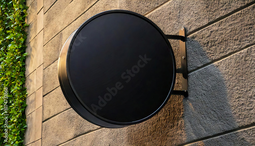 Fototapeta Naklejka Na Ścianę i Meble -  3d mockup of blank black round company nameplate, signboard  protrudes from the side of a building office brick wall outdoor. sign board with black metal frame template