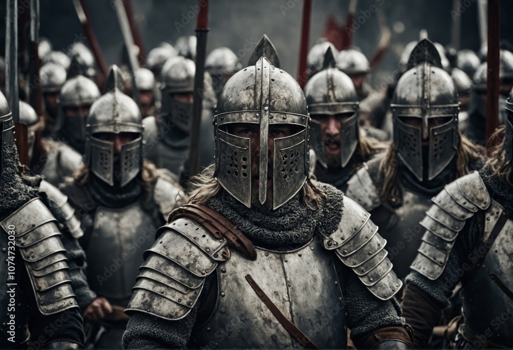 Warriors in armor prepare for battle in a medieval field during the early morning mist Warriors in armor prepare for battle in a medieval field during the early morning mist