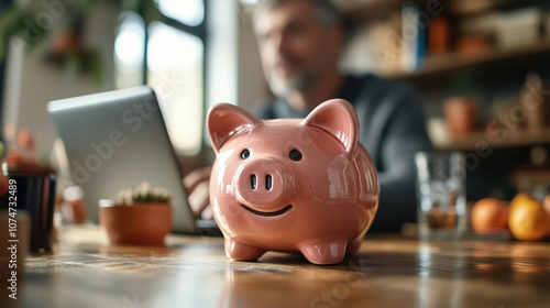 Smiling Piggy Bank with Man on Laptop. Cheerful pink piggy bank on a table with a man using a laptop in the background, depicting financial goals and saving strategies.