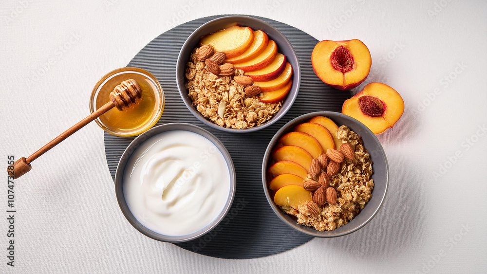 Fototapeta premium Yogurt bowls with granola, peaches, almonds, and honey on white background.