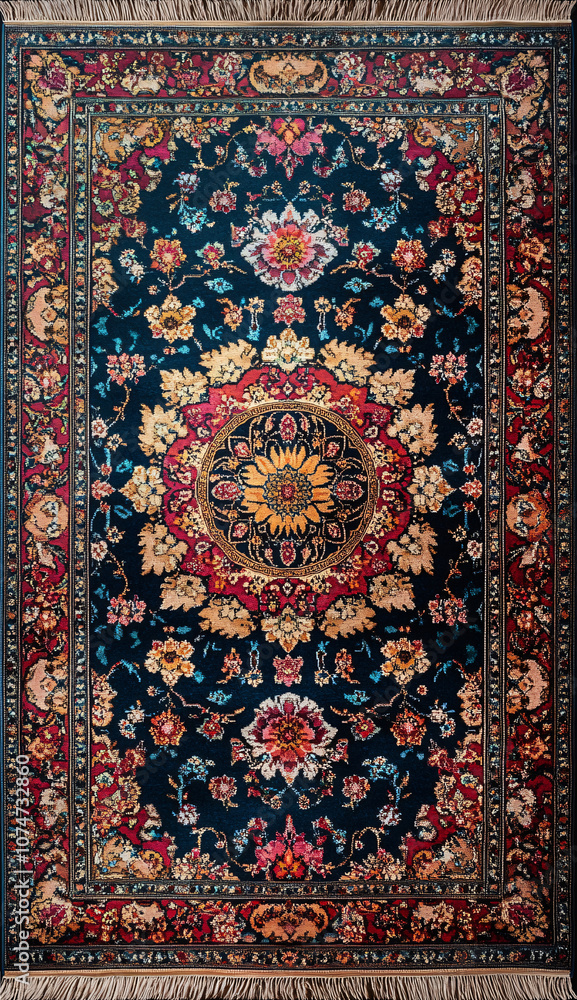 Persian carpet with bold medallion and detailed patterns Persian carpet with bold medallion and detailed patterns