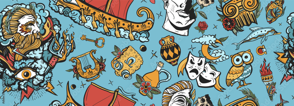 Obraz premium Ancient Greece. Seamless pattern. Old school tattoo style. Historical myths heroes and legends background. Athena and Zeus, greek olympic gods. Owl, head statue, old boat, golden fleece