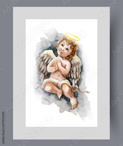 Baby angel with halo above head prays, flying in night sky on print. Watercolor poster. Artwork with kind angel or cherub asking god for mercy towards people, in frame with decor for wall art