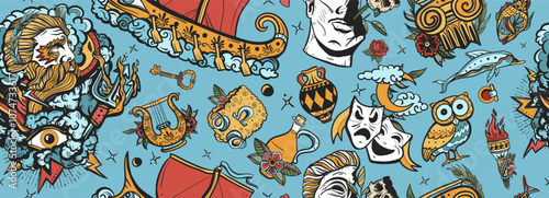 Ancient Greece. Seamless pattern. Old school tattoo style. Historical myths heroes and legends background. Athena and Zeus, greek olympic gods. Owl, head statue, old boat, golden fleece