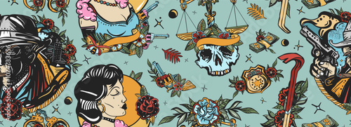 Noir film seamless pattern. Retro movie background. Traditional tattooing style. Detective smoking cigar, crime scene, chalk outline of dead body, fashion woman. Murder and investigation