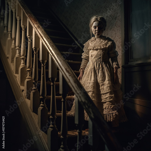 A life sized all-white doll in a dimly lit eerie horror photo