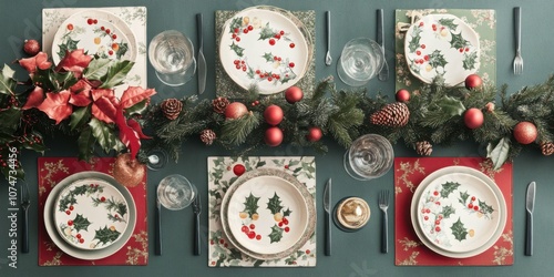 Top view of several holiday-themed placemats arranged on a table, surrounded by plates, glasses, and small holiday decorations like holly and bells.