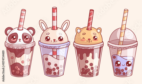 Cute animals glass drink of Bubble Tea. Isolated funny cartoon kawaii character panda, rabbit and cat with straw. Vector illustration. Kids collection