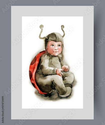 Baby in ladybug costume for masquerade party for parents with children on wall art. Watercolor artwork. Print with ladybug costume with horns for newborn, in frame with decor for poster