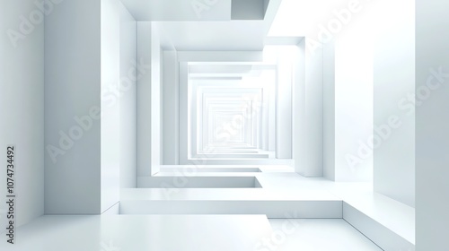 A long white corridor with a bright light at the end.