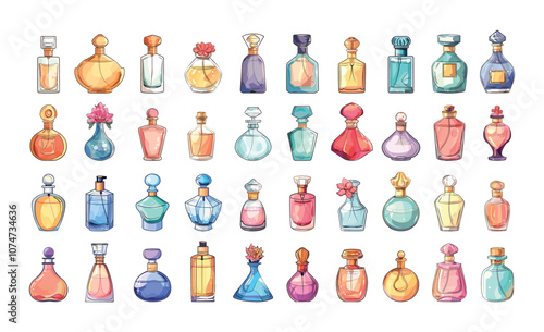 Perfume bottles cartoon vector set. Glass sprayers vials aroma odor fragrance woman man flavor, eau de toilette elegant design body spray containers, fashion flasks cosmetic bouquet isolated