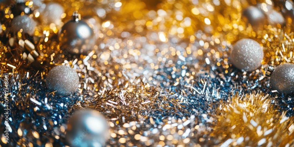 Top view of a pile of sparkling silver and gold tinsel spread across a table, with other holiday craft items and decorations ready for use in a holiday crafting session. Top view of a pile of sparkling silver and gold tinsel spread across a table, with other holiday craft items and decorations ready for use in a holiday crafting session.