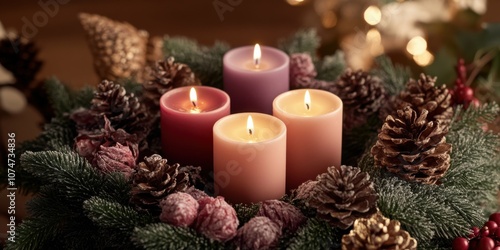Close-up of a traditional advent wreath with four candles, each one representing a week of advent, surrounded by pinecones and holly.