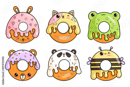 Cute donuts cartoon kawaii character collection. Funny frog, rabbit, cat, bear, bee and panda with drops icing. isolated sweet food. Vector illustration. Kids collection