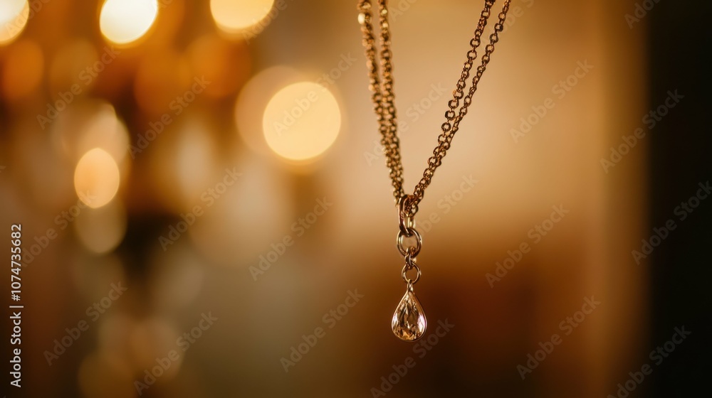 A low-angle view of a necklace hanging from a jewelry stand, showing the chain's drape and the pendant against a softly blurred background. A low-angle view of a necklace hanging from a jewelry stand, showing the chain's drape and the pendant against a softly blurred background.