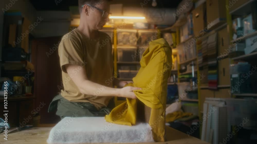 Full medium shot of female artisan in glasses and t-shirt reupholstering old chair with bright mustard yellow fabric in furniture restoration workshop, having small business Full medium shot of female artisan in glasses and t-shirt reupholstering old chair with bright mustard yellow fabric in furniture restoration workshop, having small business