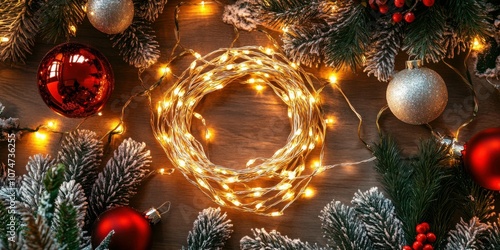 Top view of a string of holiday-themed fairy lights coiled on a table, surrounded by holiday decorations like holly, pine branches, and ornaments.