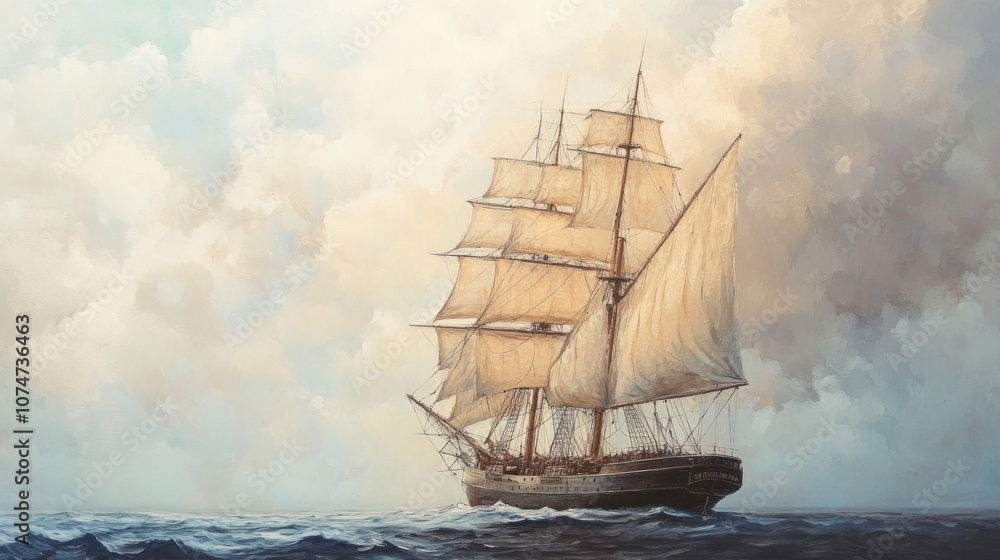 Fototapeta premium A majestic sailing ship gracefully sails across the vast ocean