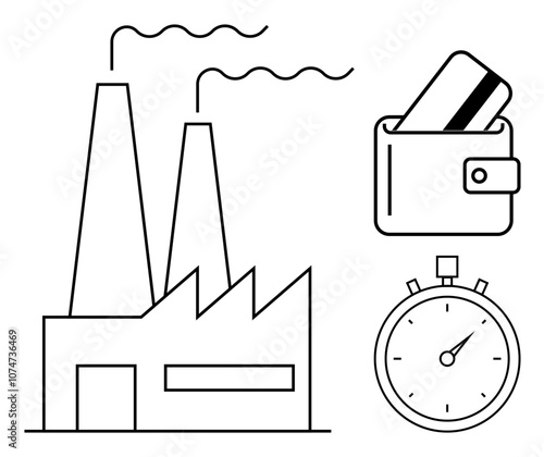 Factory with chimneys emitting smoke, wallet containing a credit card, and a stopwatch. Ideal for industrial production, efficiency, finance, time management, business planning, manufacturing