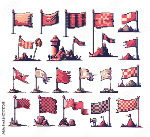 Pixel flags vector set. Red wavy banner achievements winners 8 bit trophy symbol, triangle checkered competition flaps torn edges marker, rectangular victory pennant icons illustrations