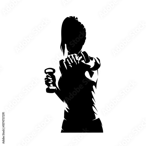 Boxing in gym. Young woman exercises with dumbbells. Isolated vector silhouette. Female boxer. Healthy lifestyle