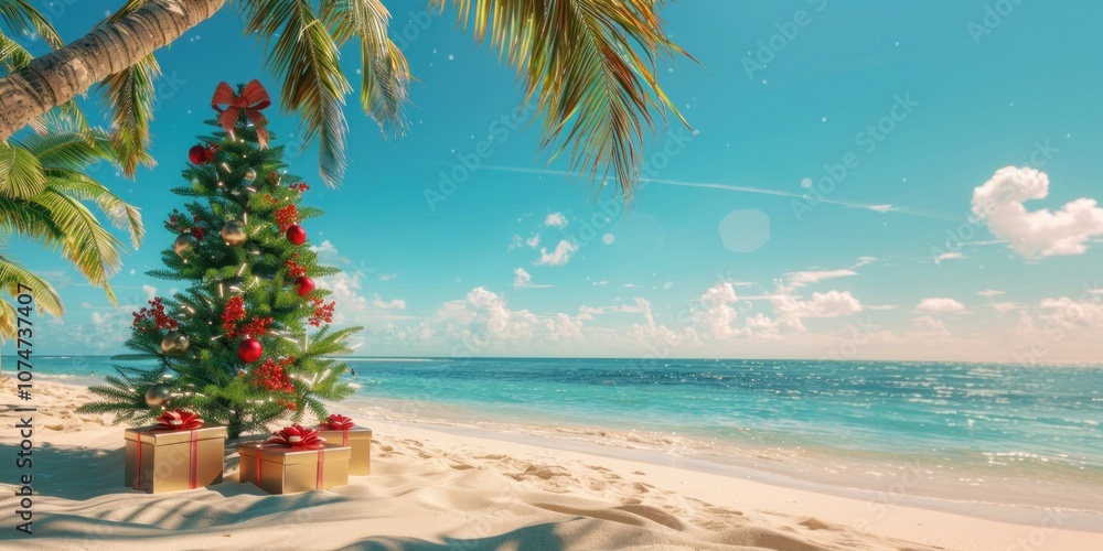 Fototapeta premium Christmas tree and gift boxes trees tropical beach.
