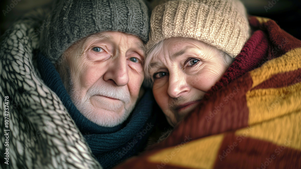 Close-up of elderly couple wrapped in warm blankets, sharing a tender moment in winter Close-up of elderly couple wrapped in warm blankets, sharing a tender moment in winter