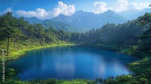 a lake surrounded by forest with a backdrop of mountains and blue sky