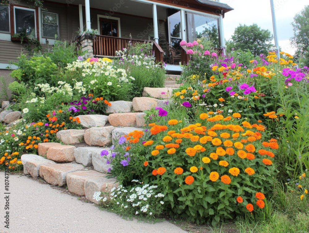 Fototapeta premium Colorful Flowers Growing on the Steps of an Old House