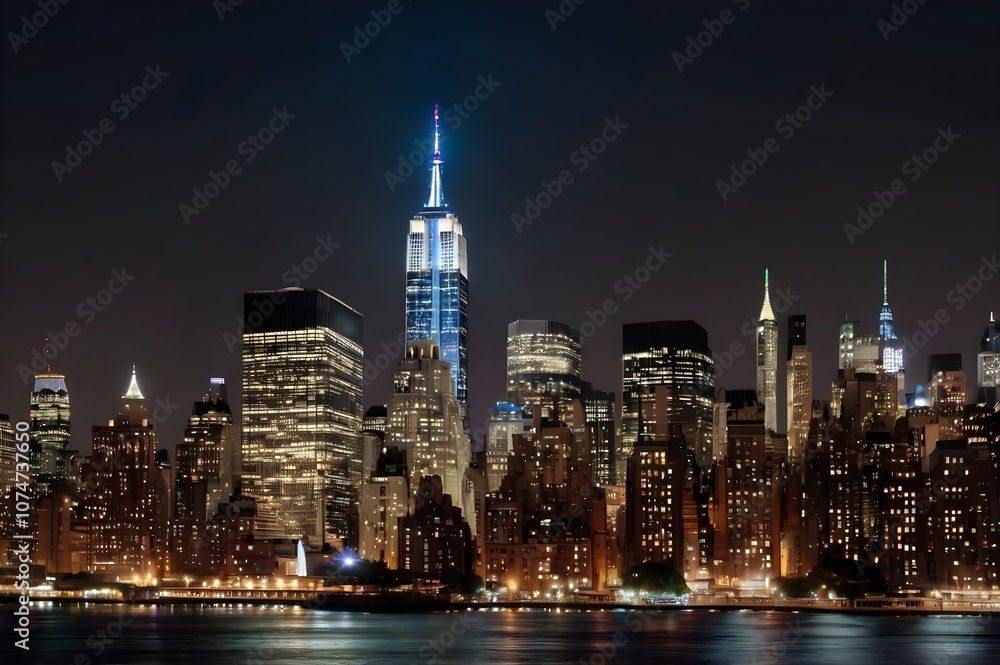 Obraz premium New York City skyline at night with illuminated skyscrapers on an isolated white background. Concept of cityscape and urban design template.