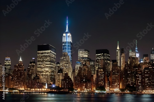 New York City skyline at night with illuminated skyscrapers on an isolated white background. Concept of cityscape and urban design template.