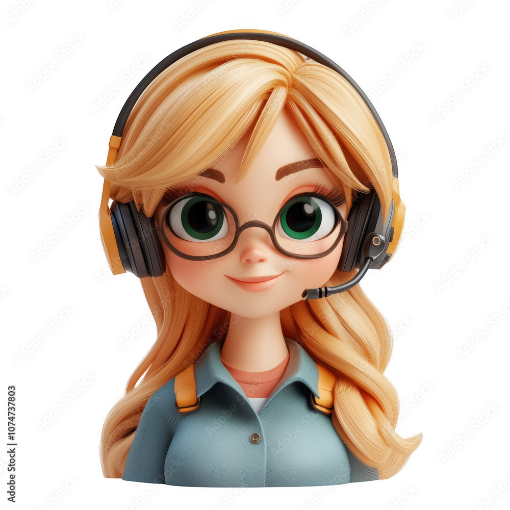 3d cute icon young friendly female call center agent with headset. Smiling cartoon woman operator in headphones with mic working in office talk with client on isolated on transparent png background 3d cute icon young friendly female call center agent with headset. Smiling cartoon woman operator in headphones with mic working in office talk with client on isolated on transparent png background