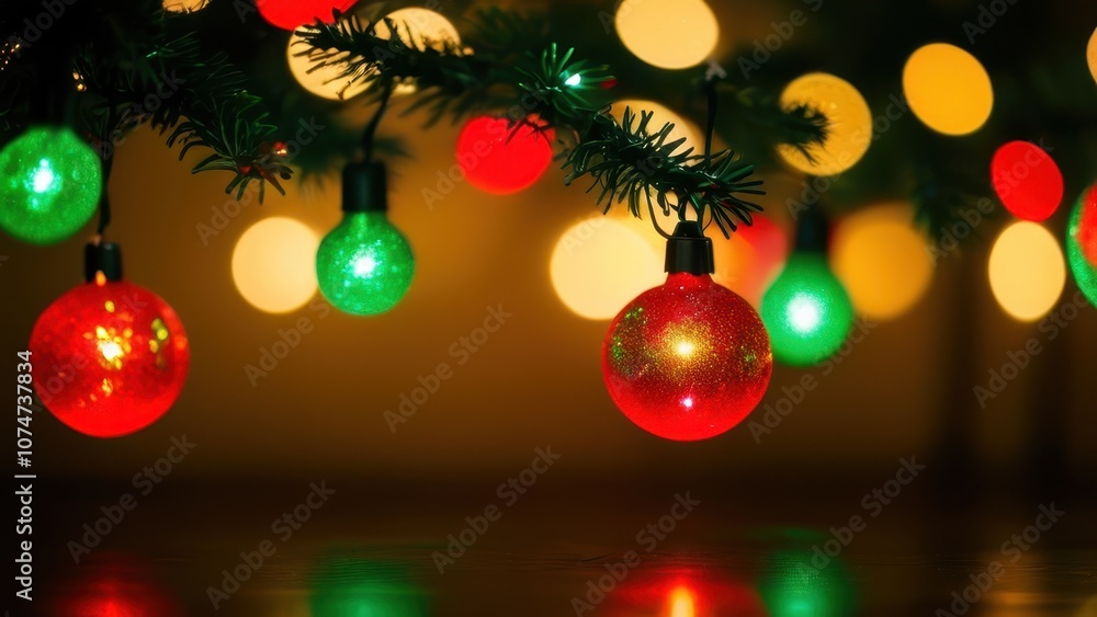 A festive arrangement of colorful Christmas lights and ornaments in red, green, and yellow, creating a warm holiday atmosphere A festive arrangement of colorful Christmas lights and ornaments in red, green, and yellow, creating a warm holiday atmosphere