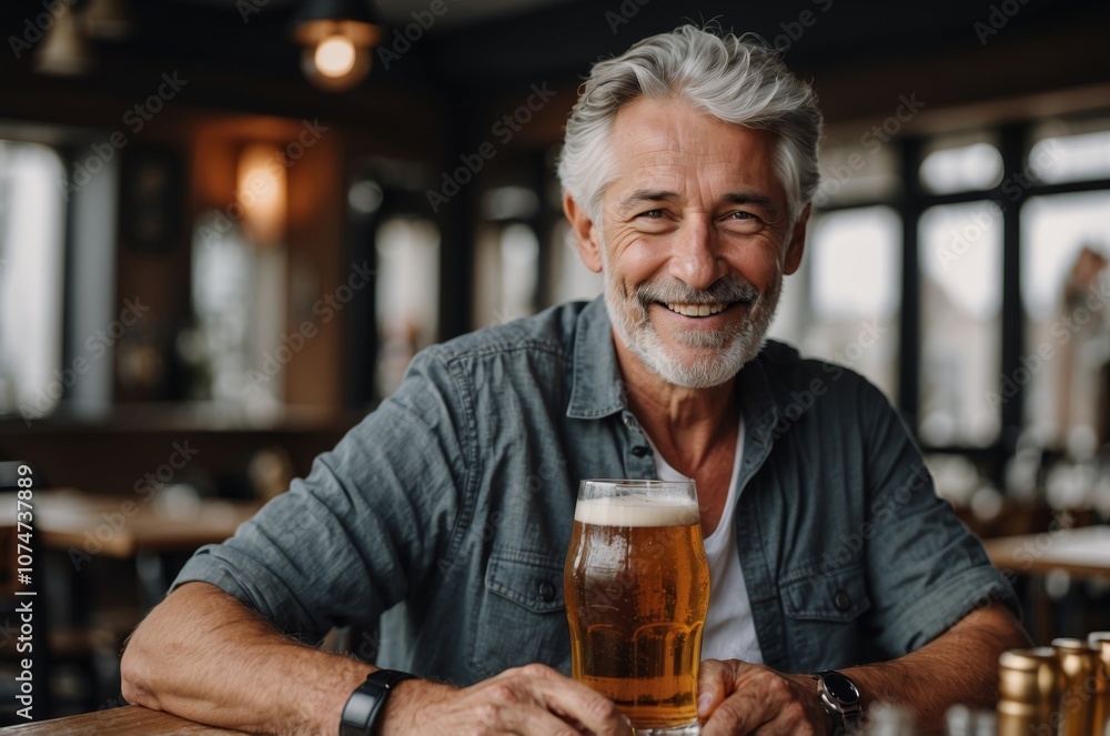 Smiling man enjoys a large beer at a cozy pub during the evening Smiling man enjoys a large beer at a cozy pub during the evening