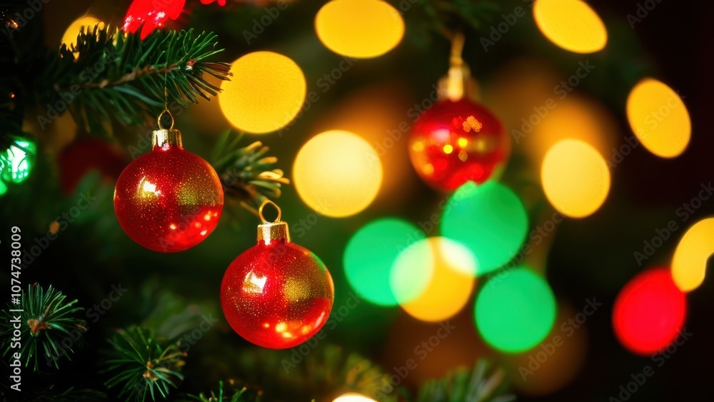 A festive arrangement of colorful Christmas lights and ornaments in red, green, and yellow, creating a warm holiday atmosphere A festive arrangement of colorful Christmas lights and ornaments in red, green, and yellow, creating a warm holiday atmosphere