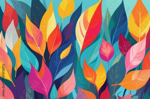 Colorful abstract leaves in vibrant hues create a lively nature-inspired backdrop