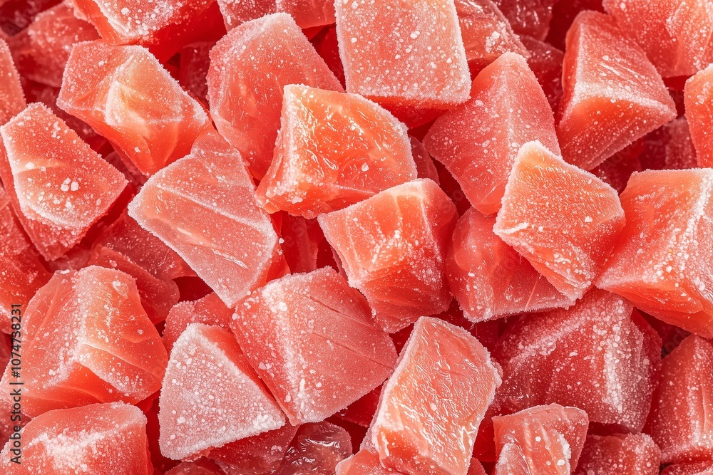 Frozen Raw Tuna Diced into Small Cubes, Captured in Close-Up, Highlighting Frosted Surface and Rich Color. Great for Sushi Recipes, Seafood Advertisements, or Restaurant Menus. Frozen Raw Tuna Diced into Small Cubes, Captured in Close-Up, Highlighting Frosted Surface and Rich Color. Great for Sushi Recipes, Seafood Advertisements, or Restaurant Menus.